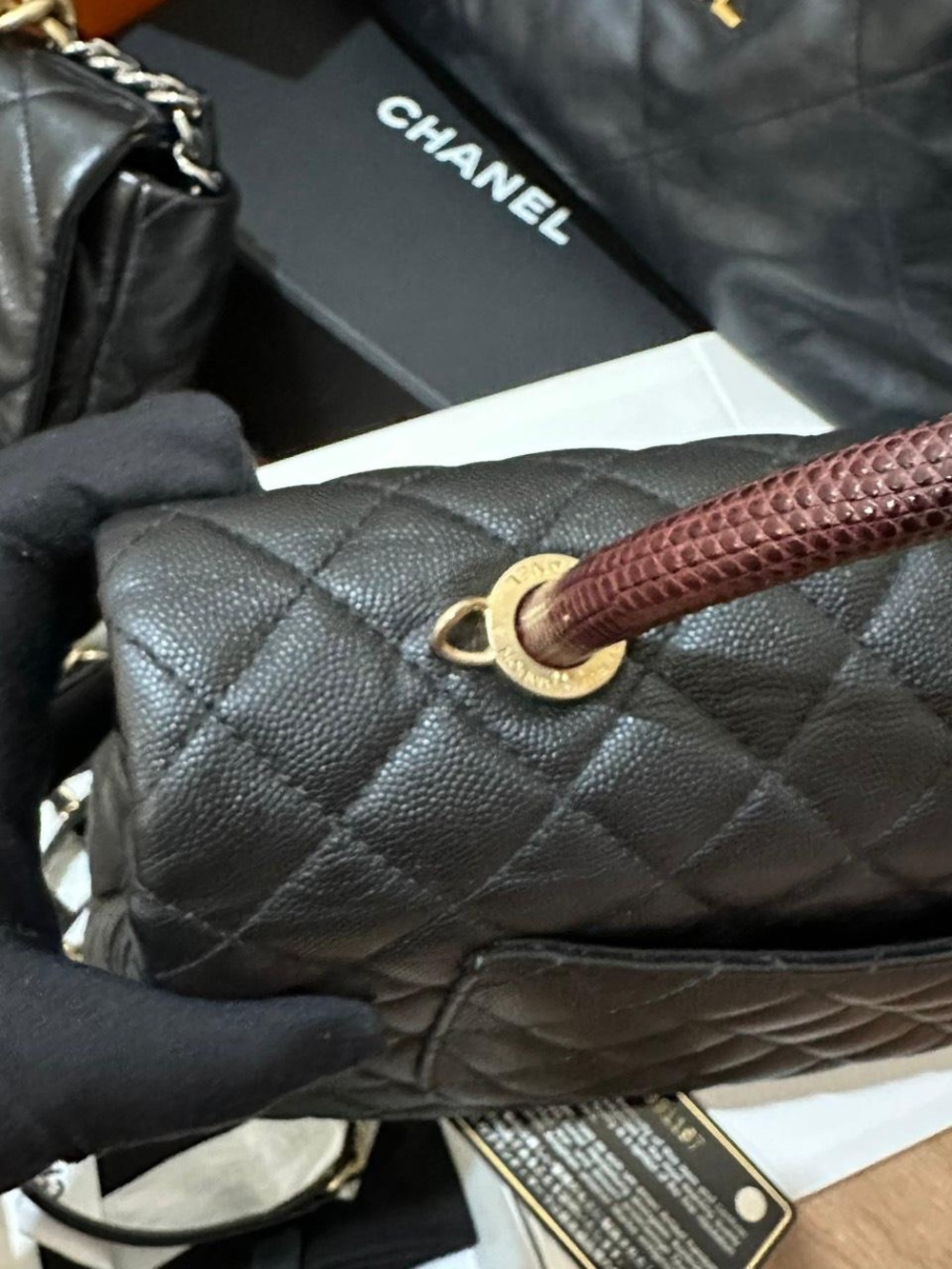Chanel Large Coco Quilted Top Handle Bag in Black and Burgundy - Picture 6 of 9